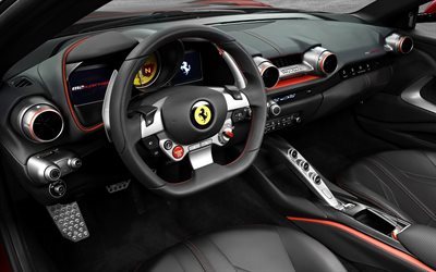 Ferrari 812 Superfast, 2018, interior, Ferrari steering wheel, leather interior
