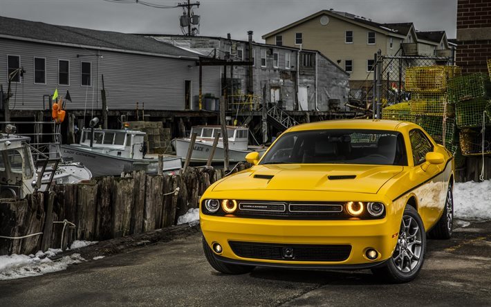 Dodge Challenger, 2016, sport coupe, American sports car, yellow Dodge