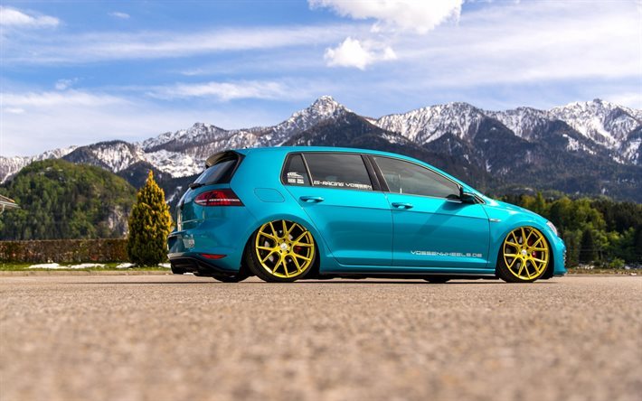 Volkswagen golf, GTI, tuning MK7, tuning Volkswagen, bright blue golf, yellow wheels