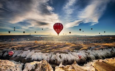 air balloons, rocks, sunset, evening, Turkey