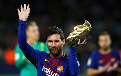 Lionel Messi, golden boots, 4k, portrait, smile, Barcelona FC, Catalonia, Spain, football