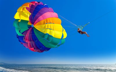 Parasailing, skating with parachute, ocean, coast, summer, extreme entertainment, Bora Bora, French Polynesia, Pacific Ocean, summer travel, vacation, 4k