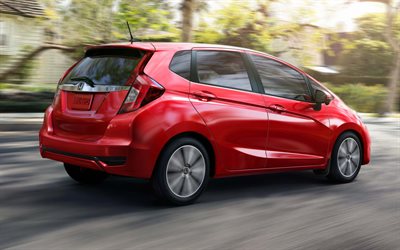 Honda Fit, 2018, 4k, side view, red hatchback, new red Fit, Japanese cars, Honda