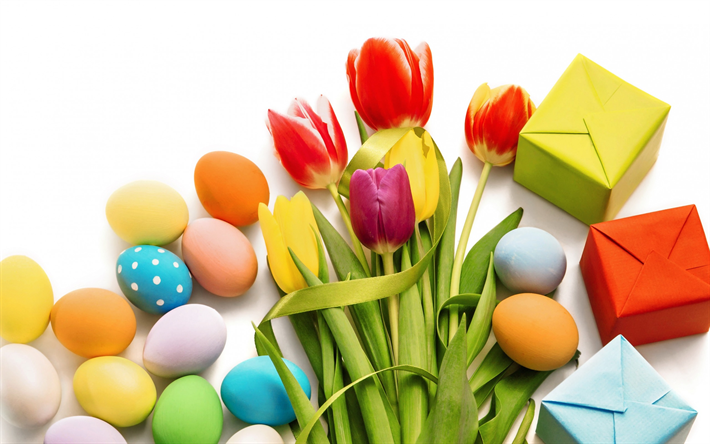 Happy Easter, bouquet of tulips, spring decoration, decorated eggs, gifts, easter decoration
