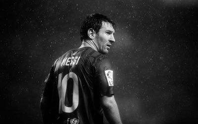 Leo Messi, monocrom&#225;tico, chuva, O FC Barcelona, La Liga, Barca, Lionel Messi, Barcelona, estrelas do futebol, Messi
