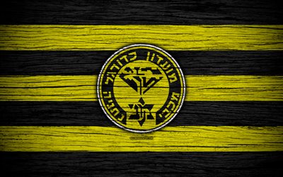 O Maccabi Netanya, 4k, Israel, Ligat haAl, logo, clube de futebol, O Maccabi Netanya FC, futebol, textura de madeira, FC Maccabi Netanya
