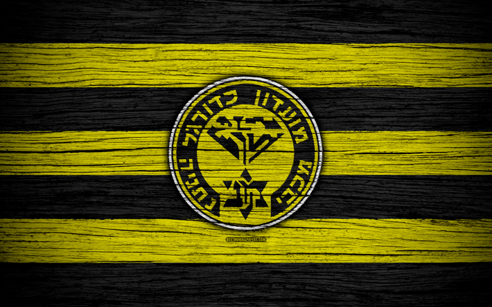 Maccabi Netanya, 4k, Israel, Ligat haAl, logo, football club, Maccabi Netanya FC, soccer, wooden texture, FC Maccabi Netanya