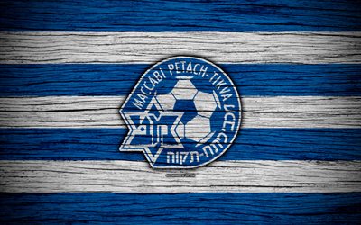Em Petah Tikva, 4k, Israel, Ligat haAl, logo, clube de futebol, Em Petah Tikva FC, futebol, textura de madeira, FC Em Petah Tikva