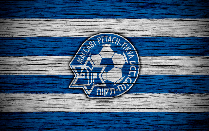 Maccabi Petah Tikva, 4k, Israel, Ligat haAl, logo, football club, Maccabi Petah Tikva FC, soccer, wooden texture, FC Maccabi Petah Tikva