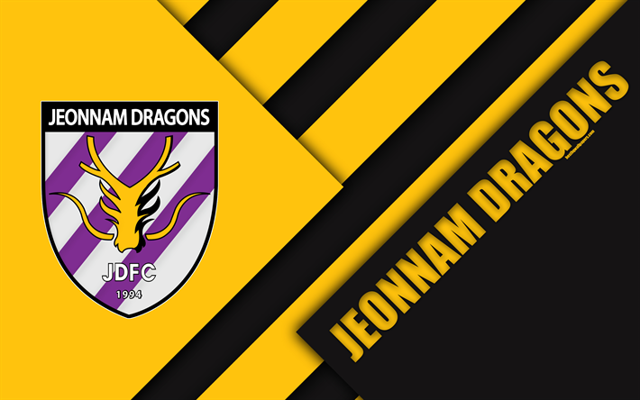 Jeonnam Dragons FC, 4k, logo, South Korean football club, material design, yellow black abstraction, Kwangyang, South Korea, K League 1, football