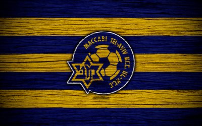 Maccabi Tel Aviv, 4k, Israel, Ligat haAl, logo, football club, Maccabi Tel Aviv FC, soccer, wooden texture, FC Maccabi Tel Aviv