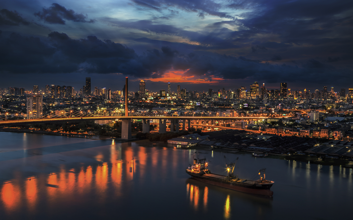 4k, Bangkok, paisajes nocturnos, puerto, barcaza, Tailandia, Asia