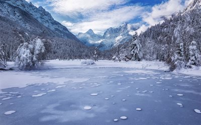 Lake Jasna, mountain lake, ice, frozen lake, snow, winter mountain landscape, Kranjska Gora, Julian Alps, Slovenia