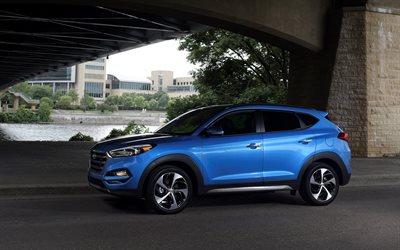 Hyundai Tucson, 2018, crossover, yeni mavi Tucson, yan g&#246;r&#252;n&#252;m, 4k, G&#252;ney Kore otomobil, Hyundai