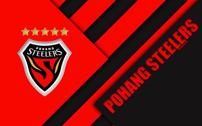 Pohang Steelers FC, 4k, logo, South Korean football club, material design, red black abstraction, Pohang, South Korea, K League 1, football