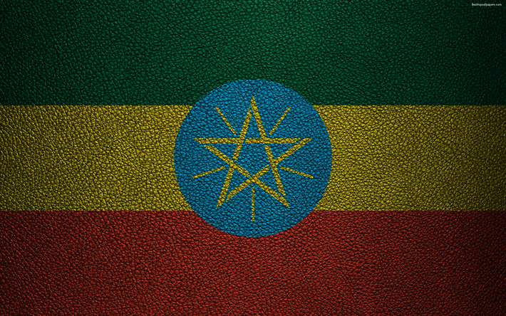 旗のエチオピア, アフリカ, 4K, 革の質感, エチオピア国旗, 旗のアフリカ諸国, エチオピア