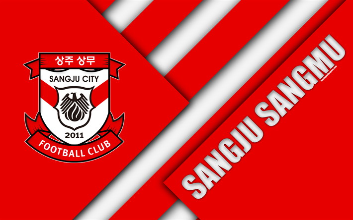 Sangju Sangmu FC, 4k, logotipo, corea del Sur club de f&#250;tbol, dise&#241;o de materiales, rojo, blanco abstracci&#243;n, Sanju, Corea del Sur, K de la Liga 1 de f&#250;tbol