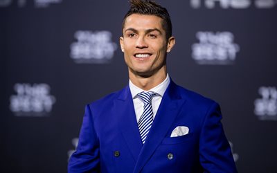 4k, Cristiano Ronaldo, football stars, blue suit, CR7, Real Madrid, soccer, Ronaldo, footballers