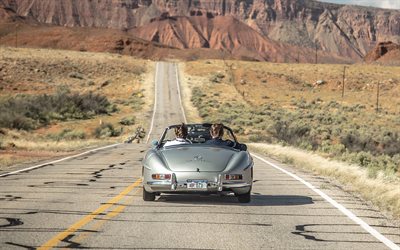 Mercedes-Benz 300SL Roadster, 1957, 4k, Seyahat kavramları, road, USA, klasik spor araba, kabriyole, retro araba, Mercedes