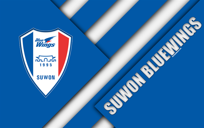 سوون سامسونج Bluewings FC, 4k, شعار, كوريا الجنوبية لكرة القدم, تصميم المواد, الأزرق الأبيض التجريد, سوون, كوريا الجنوبية, ك الدوري 1, كرة القدم