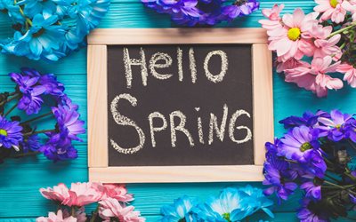Hola primavera, las flores de la primavera, temporada, primavera, conceptos, azul fondo de madera