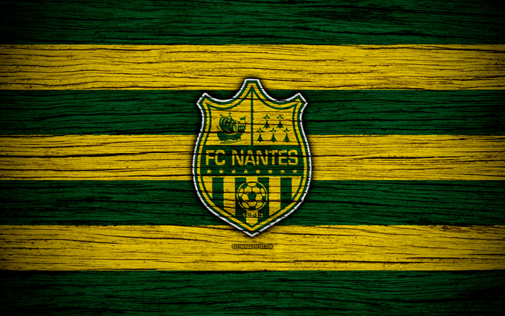 Nantes, 4k, France, Liga 1, wooden texture, Nantes FC, Ligue 1, soccer, football club, FC Nantes
