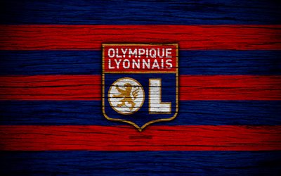 Olympique Lyonnais, 4k, France, Liga 1, wooden texture, Olympique Lyonnais FC, Ligue 1, soccer, football club, FC Olympique Lyonnais