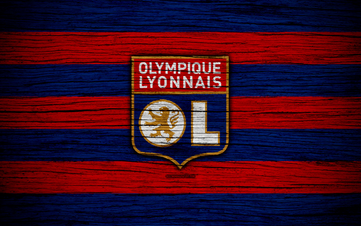 Olympique Lyonnais, 4k, France, Liga 1, wooden texture, Olympique Lyonnais FC, Ligue 1, soccer, football club, FC Olympique Lyonnais