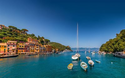 ポルトフィーノ, 夏, 海, 山々, ヨット, ボート, 海景, 地中海, Liguria, Ligurian海, イタリア