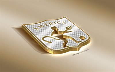 America De Cali, Colombian Football Club, Golden Silver logo, Cali, Colombia, Liga Aguila, 3d golden emblem, creative 3d art, football