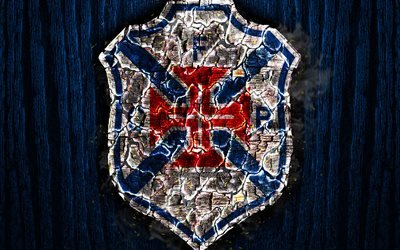 CF OS Belenenses, scorched logo, Primeira Liga, blue wooden background, portuguese football club, Belenenses FC, grunge, football, soccer, Belenenses logo, fire texture, Portugal