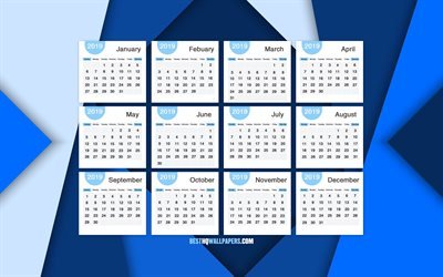 Calendar 2019, 4k, blue material design, 2019 Yearly Calendar, creative, abstract art, Year 2019 Calendar, artwork, 2019 calendars, material design, 2019 calendar