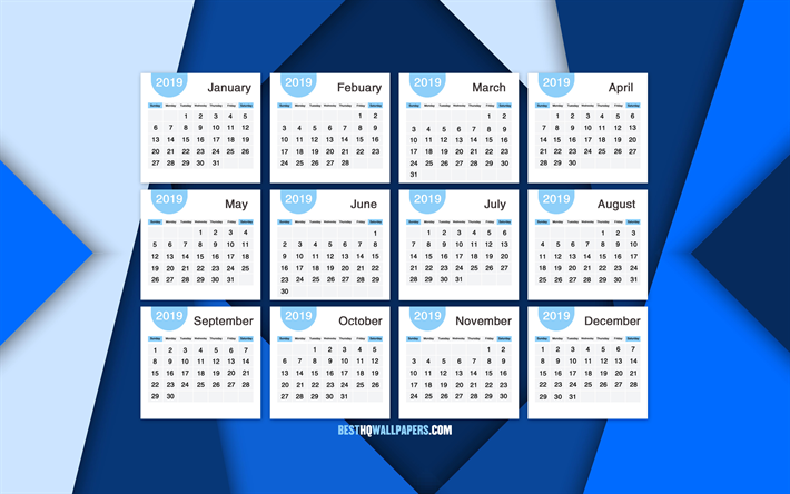 Calendario 2019, 4k, blu materiale design, 2019 Calendario Annuale, creativo, arte astratta, l&#39;Anno 2019 Calendario, opere d&#39;arte, 2019 calendari, materiale di design, 2019 calendario