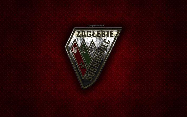 Zaglebie Sosnowiec, Russian football club, red metal texture, metal logo, emblem, Sosnowiec, Pologne, premier league, creative, art, football