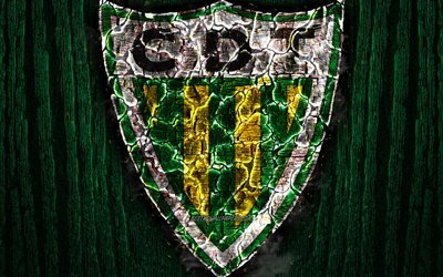CD Tondela, scorched logo, Primeira Liga, green wooden background, portuguese football club, Tondela FC, grunge, football, soccer, Tondela logo, fire texture, Portugal