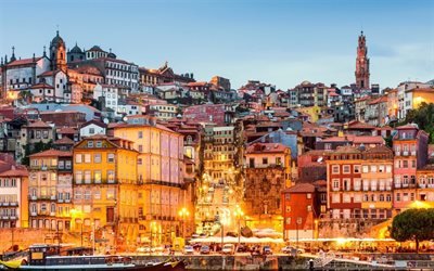 Porto, puesta de sol, noche, panorama de la ciudad, el paseo mar&#237;timo, Portugal