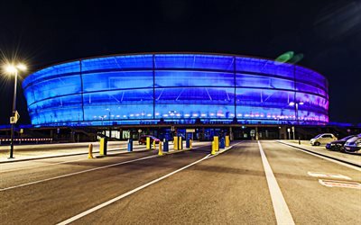 Stadion Miejski, 4k, de noche, con iluminaci&#243;n azul, Wroclaw Stadion, polaco estadios de f&#250;tbol stadion, Wroclaw, Polonia, Slask Wroclaw Estadio