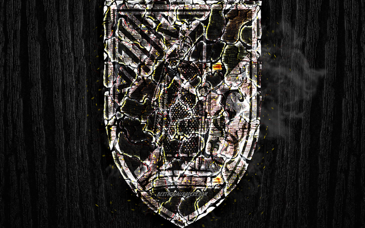 Vitoria Guimaraes SC, scorched logo, Primeira Liga, black wooden background, portuguese football club, Vitoria Guimaraes FC, grunge, football, soccer, Vitoria Guimaraes logo, fire texture, Portugal
