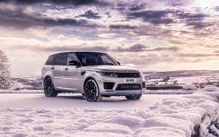 El Range Rover Sport, 4k, invierno, 2019 coches, HDR, Land Rover, puesta de sol, coches de lujo, SUVs, Range Rover