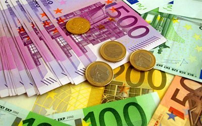 euro, los billetes, el dinero del fondo, las monedas de euro, finanzas conceptos, de 100 euros, 500 euros