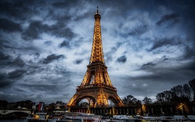 Torre Eiffel, Paris, primavera, noite, paisagem urbana, marco, Fran&#231;a