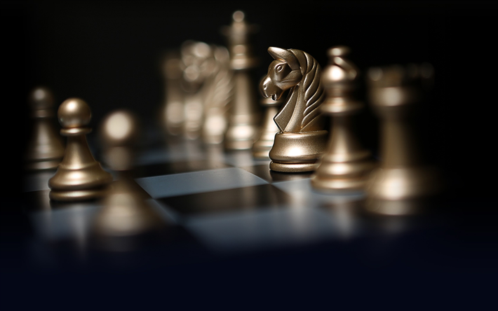 ajedrez, piezas de oro, caballo, figura, tablero de ajedrez