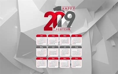 Red Calendar 2019, 4k, gray bakcground, 2019 Yearly Calendar, creative, Calendar 2019, abstract art, Year 2019 Calendar, artwork, 2019 calendars, material design, 2019 calendar