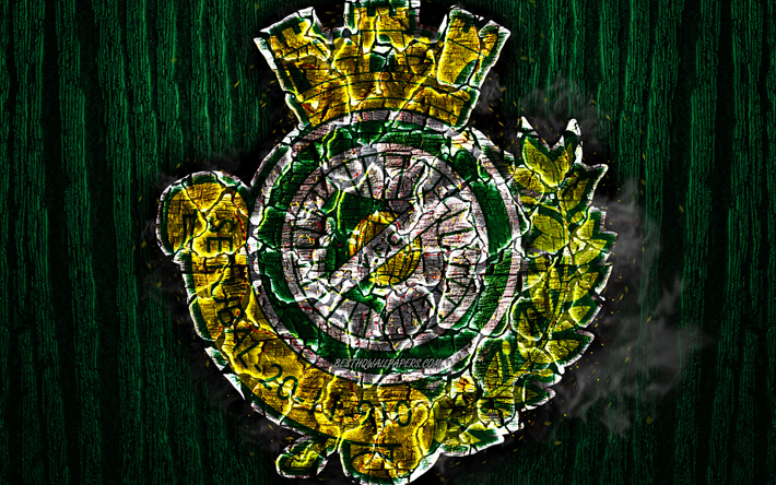 Vitoria Setubal, scorched logo, Primeira Liga, green wooden background, portuguese football club, Vitoria Setubal FC, grunge, football, soccer, Vitoria Setubal logo, fire texture, Portugal