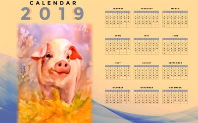 Calendario para el a&#241;o 2019, arte creativo, calendario con un cerdo, el arte, todos los meses, 2019 calendarios