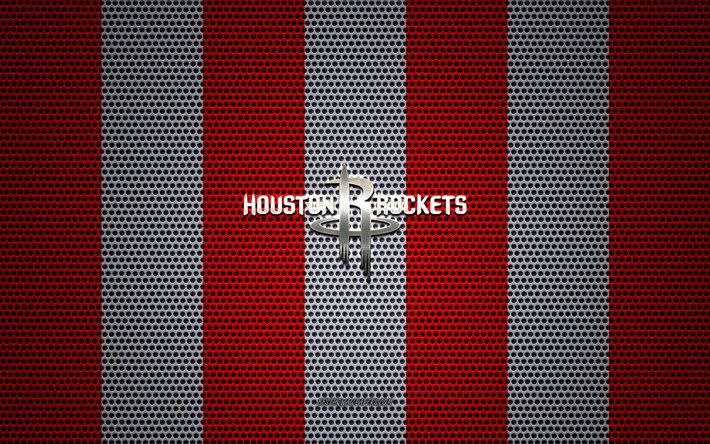 Houston Rockets logo, American club de basket-ball, embl&#232;me m&#233;tallique, blanc et rouge de maille en m&#233;tal d&#39;arri&#232;re-plan, Houston Rockets, NBA, Houston, Texas, etats-unis, le basket-ball