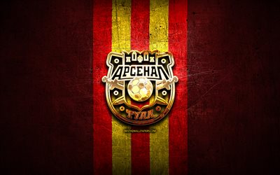 Arsenal Tula FC, golden logo, Russian Premier League, red metal background, football, FC Arsenal Tula, russian football club, Arsenal Tula logo, soccer, Russia