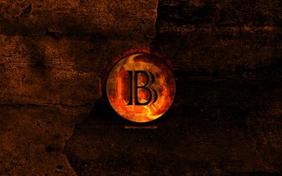 BlackCoin fiery logo, orange stone background, creative, BlackCoin logo, cryptocurrency, BlackCoin