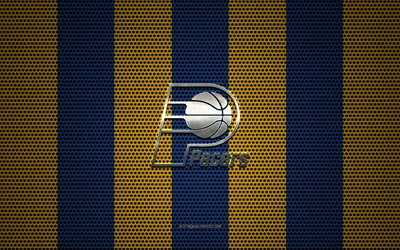 Indiana Pacers logo, American basketball club, metal emblem, yellow-blue metal mesh background, Indiana Pacers, NBA, Indianapolis, Indiana, USA, basketball