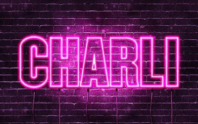 Charli, 4k, fondos de pantalla con los nombres, los nombres femeninos, Charli nombre, p&#250;rpura luces de ne&#243;n, el texto horizontal, imagen con el nombre Charli